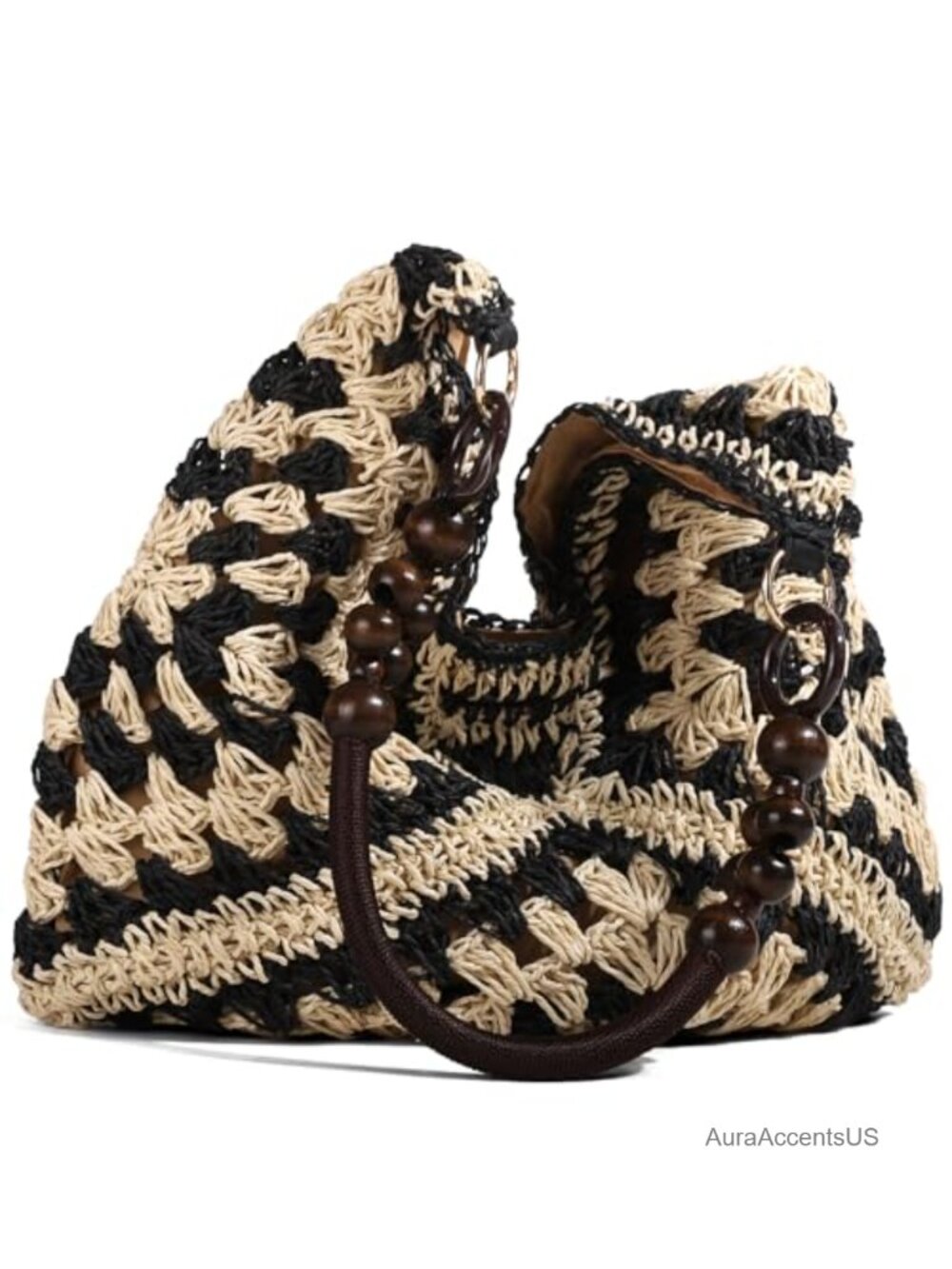 Handmade 3D Crochet Knit Shoulder Bag Bohemian Wooden Bead Strap Tote